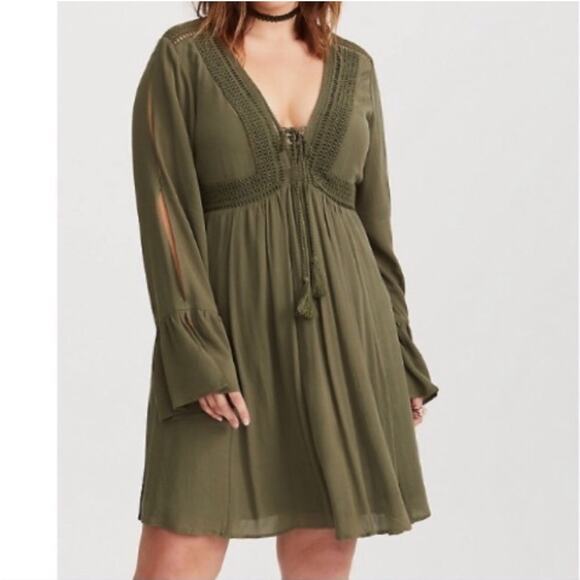 torrid Dresses & Skirts - Torrid army olive green slit sleeve tassel boho peasant dress size 0 or Large